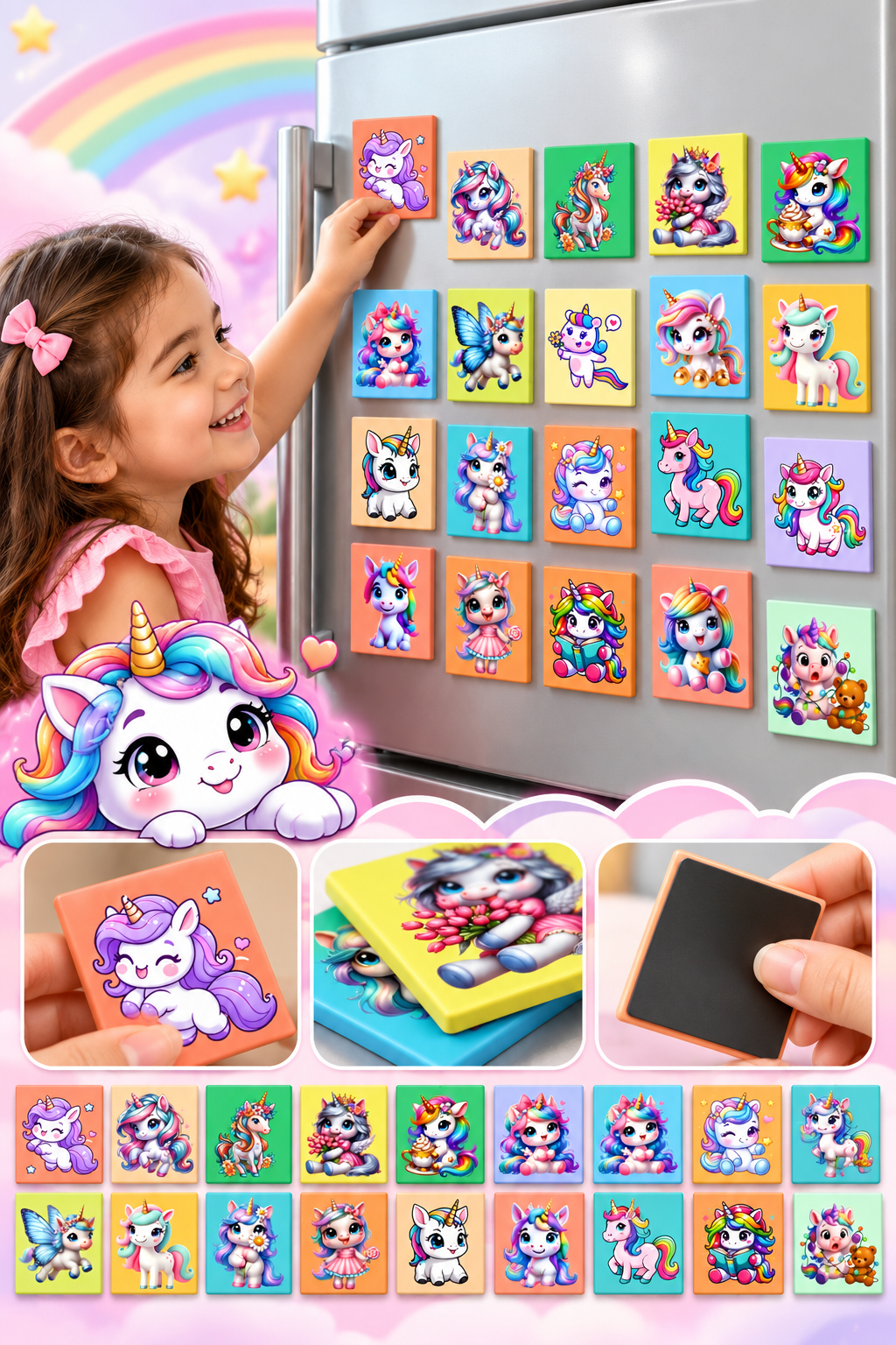 Cute Unicorn Fridge Magnets Set of 20 | Rectangular Character Magnets | Decorative Kitchen, Whiteboard, Locker Accessories | Strong Magnet for Kids & Home Dcor (4x5 cm)