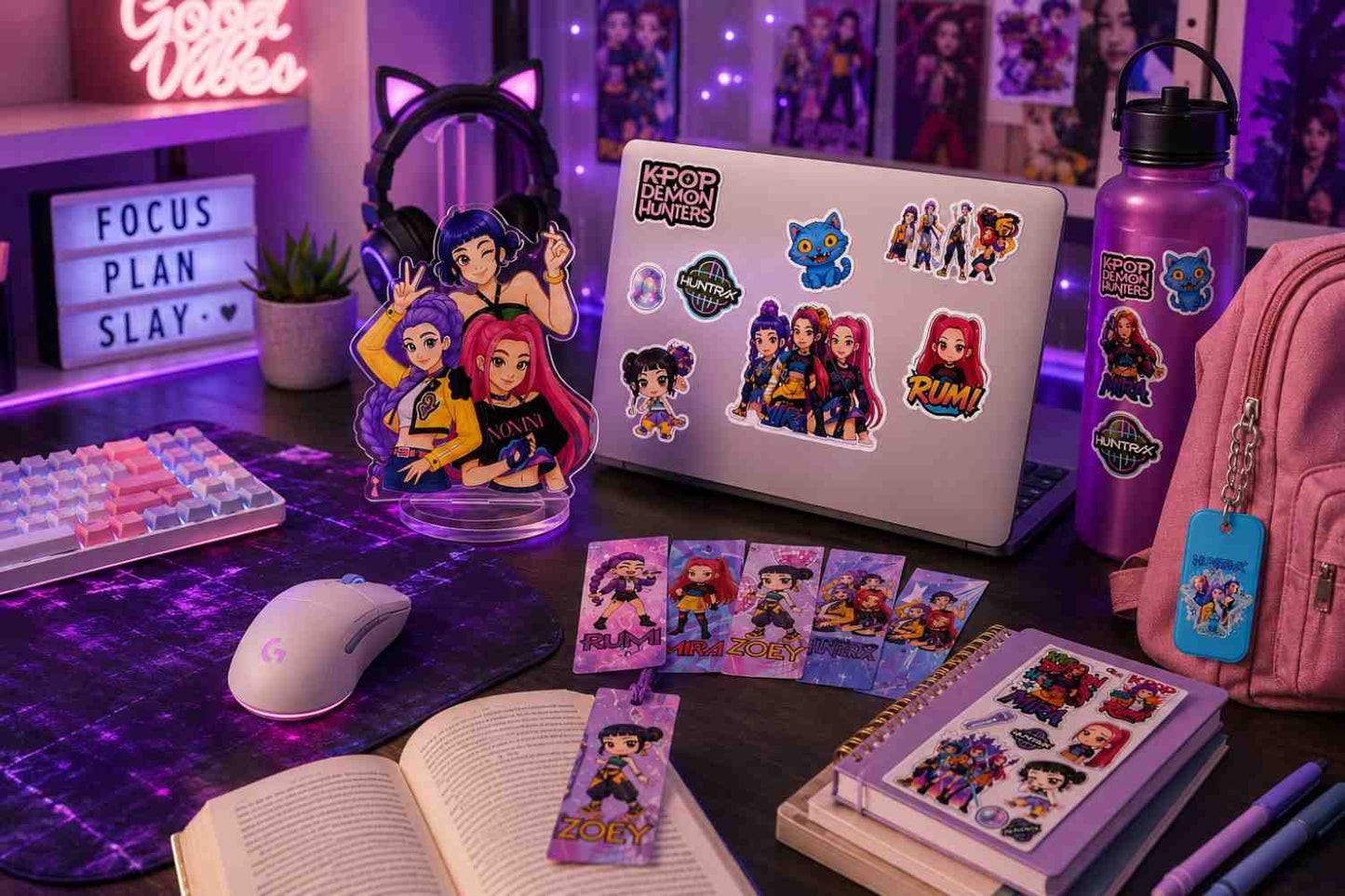 K-Pop Demon Hunters Inspired Ultimate Fan Combo Pack | Acrylic Standee, Magnetic Bookmarks, Keychain, Fridge Magnets & Sticker Sheets