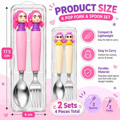 K POP Demon Hunters Spoon & Fork Set for Kids – 2 Sets, 4 Pieces with Cute Character Handles & Stainless Steel Cutlery