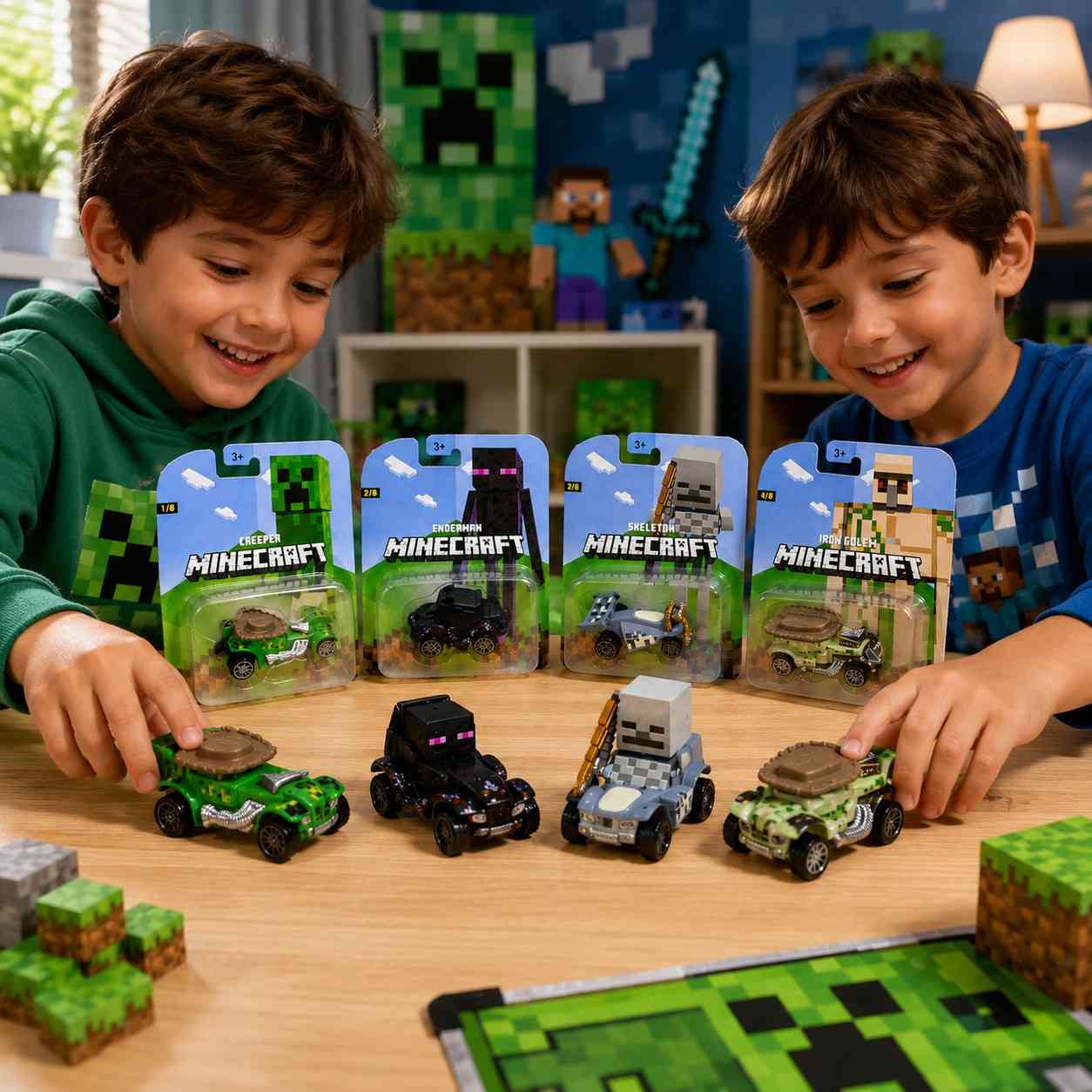 Minecraft Mini Cars Set of 4 – Creeper, Enderman, Skeleton & Iron Golem Collectible Toy Cars | Individually Packed Gift Set for Kids 3+