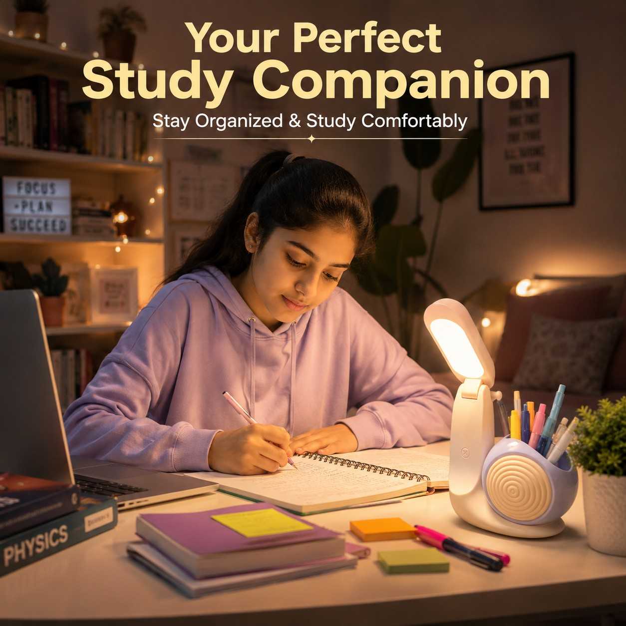 Snail LED Desk Lamp with Pen Holder | USB Rechargeable Foldable Study Lamp | 2 Light Modes | Cute Table Lamp for Boys & Girls(RANDOM 1PC)