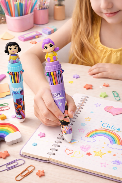 K POP Demon Hunters Multicolor 10-in-1 Retractable Pen Set with Cute Doll Topper | Cartoon Multi Ink Pen for Kids, School, Office & Gifts (Pack of 3)