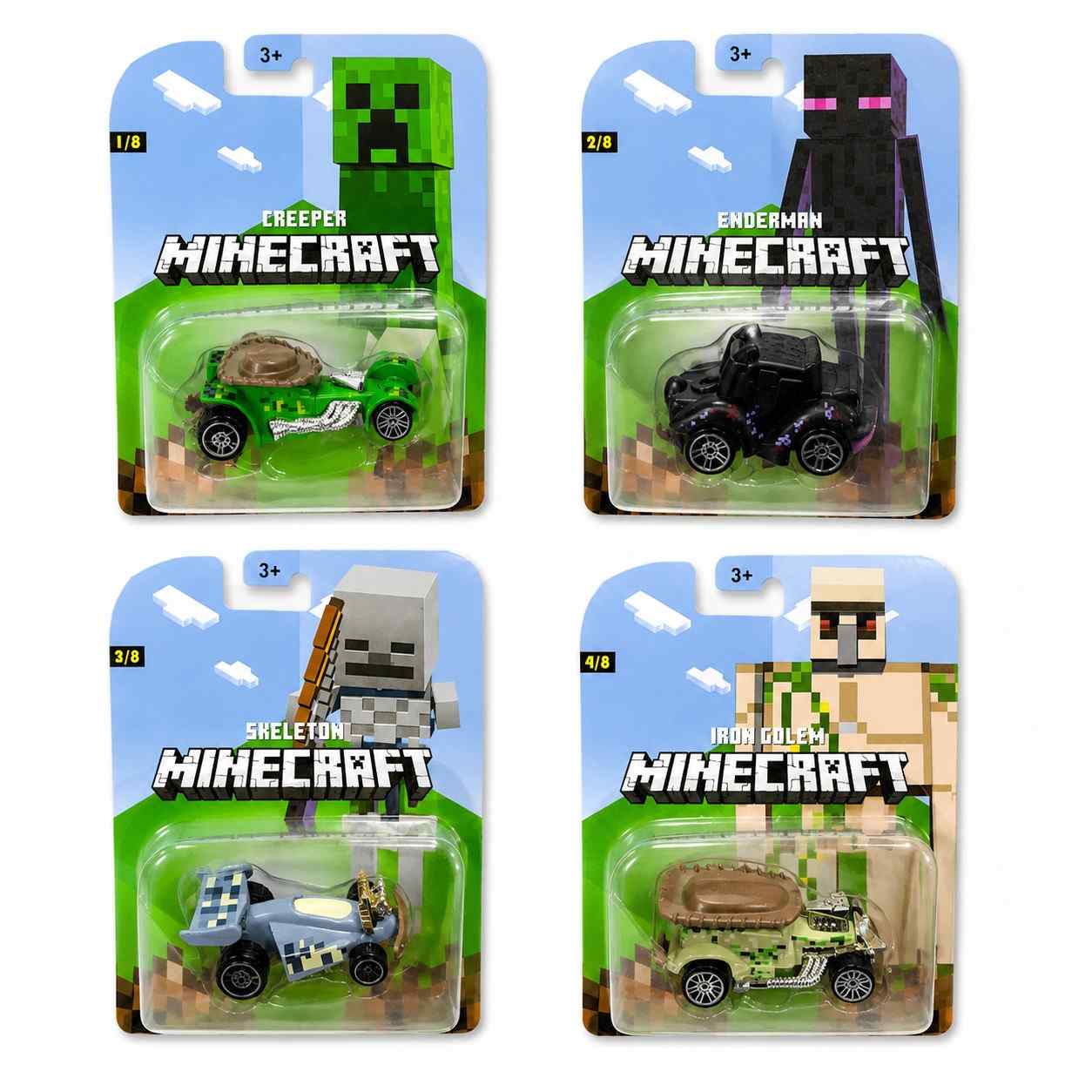 Minecraft Mini Cars Set of 4 – Creeper, Enderman, Skeleton & Iron Golem Collectible Toy Cars | Individually Packed Gift Set for Kids 3+