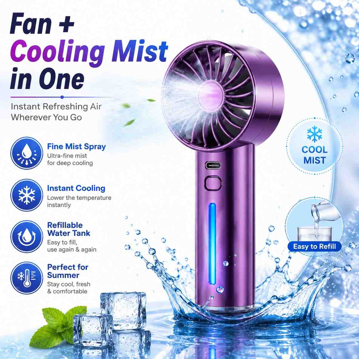 Portable Rechargeable Spray Fan with Mist – USB Mini Handheld Cooling Fan, Metallic Purple (RANDOM 1 PCS)