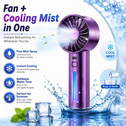 Portable Rechargeable Spray Fan with Mist – USB Mini Handheld Cooling Fan, Metallic Purple (RANDOM 1 PCS)