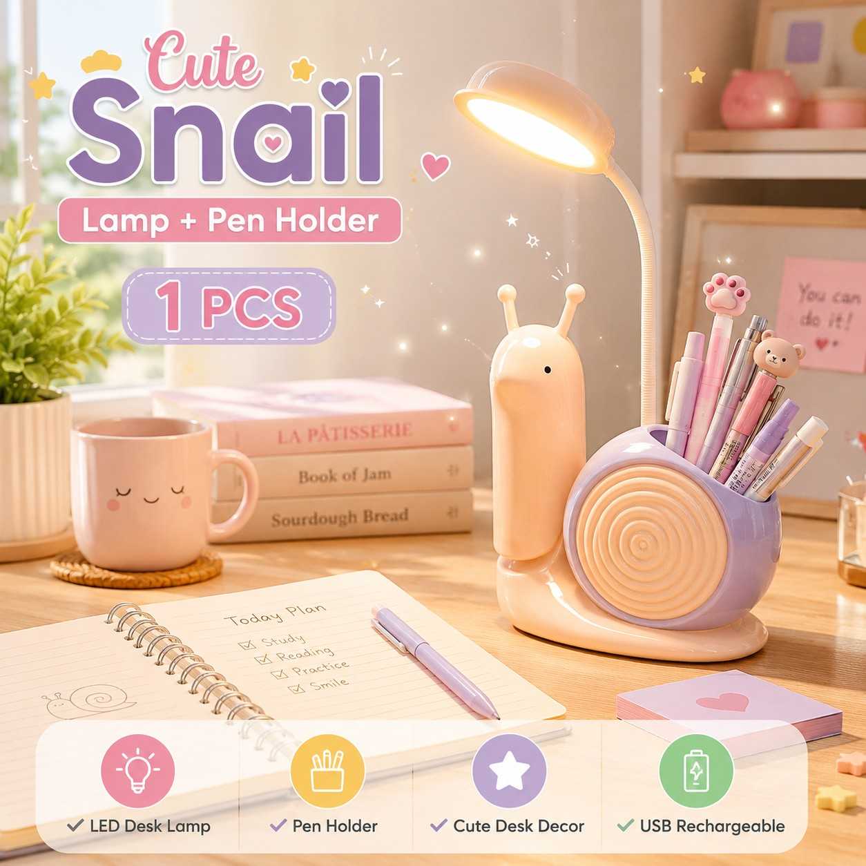 Snail LED Desk Lamp with Pen Holder | USB Rechargeable Foldable Study Lamp | 2 Light Modes | Cute Table Lamp for Boys & Girls(RANDOM 1PC)