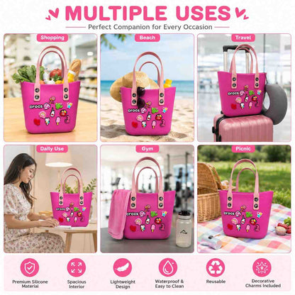 Silicone Croc Bag with Decorative Charms for Girls & Women | Waterproof Lightweight Everyday Tote Handbag 20x25x12 | Medium