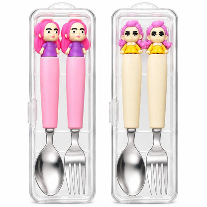 K POP Demon Hunters Spoon & Fork Set for Kids – 2 Sets, 4 Pieces with Cute Character Handles & Stainless Steel Cutlery