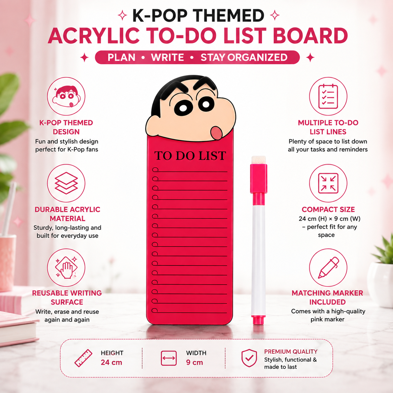 Sinchan to Do List Fridge Magnet with Marker, Reusable Acrylic Daily Planner Board, Magnetic Task Checklist for Home, Kitchen, Office & Kids, Pink Cartoon Design, 24 x 9 cm