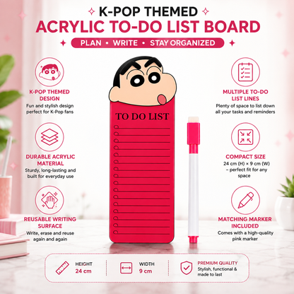 Sinchan to Do List Fridge Magnet with Marker, Reusable Acrylic Daily Planner Board, Magnetic Task Checklist for Home, Kitchen, Office & Kids, Pink Cartoon Design, 24 x 9 cm