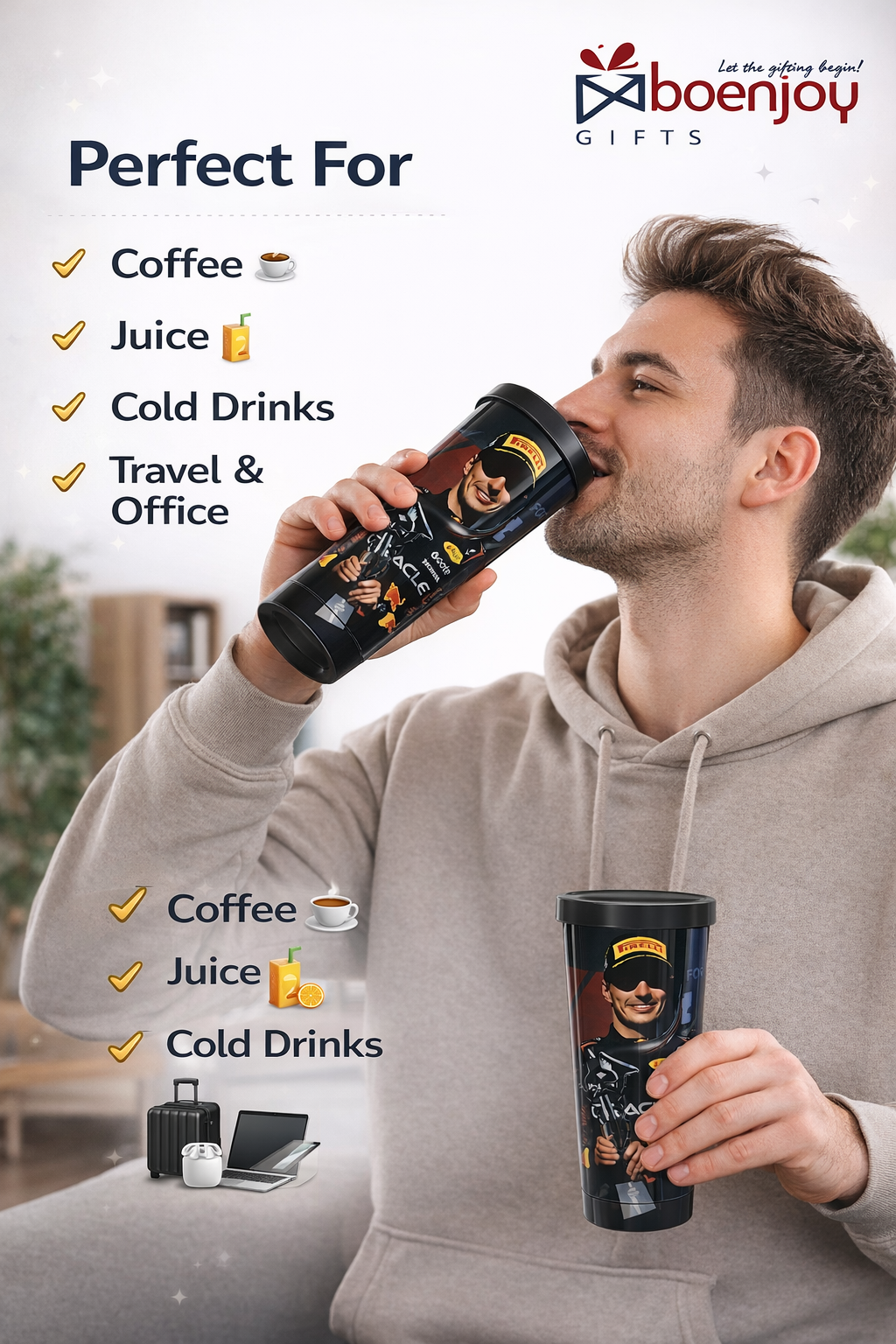 Racing Driver Printed Travel Mug with Lid – 500 ml Reusable Coffee Tumbler | Plastic Outer & Steel Inner | Leakproof Coffee Cup for Office, Car & Travel – Black