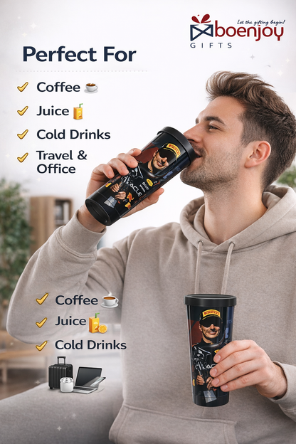 Racing Driver Printed Travel Mug with Lid – 500 ml Reusable Coffee Tumbler | Plastic Outer & Steel Inner | Leakproof Coffee Cup for Office, Car & Travel – Black