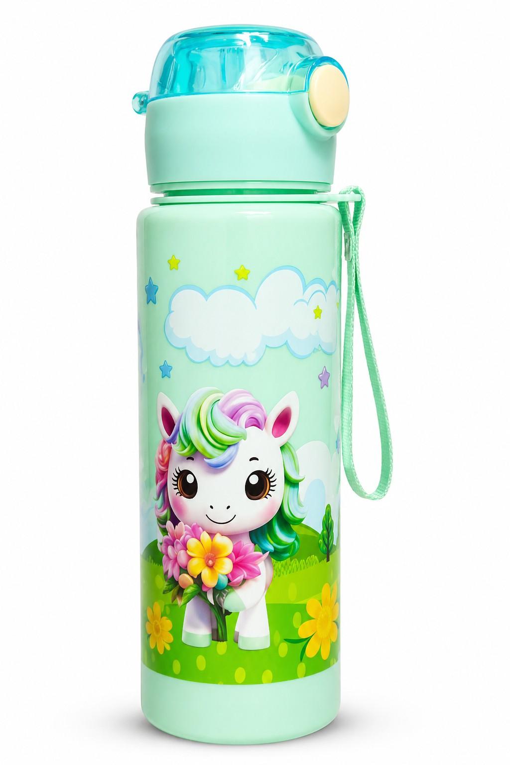 Unicorn Printed Water Bottle for Kids 1 Pc, Leakproof Flip Cap, BPA Free Plastic, Built-in Straw, Carry Strap, School Bottle for Kids Boys & Girls (500ml Approx)