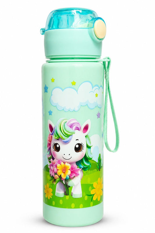Unicorn Printed Water Bottle for Kids 1 Pc, Leakproof Flip Cap, BPA Free Plastic, Built-in Straw, Carry Strap, School Bottle for Kids Boys & Girls (500ml Approx)