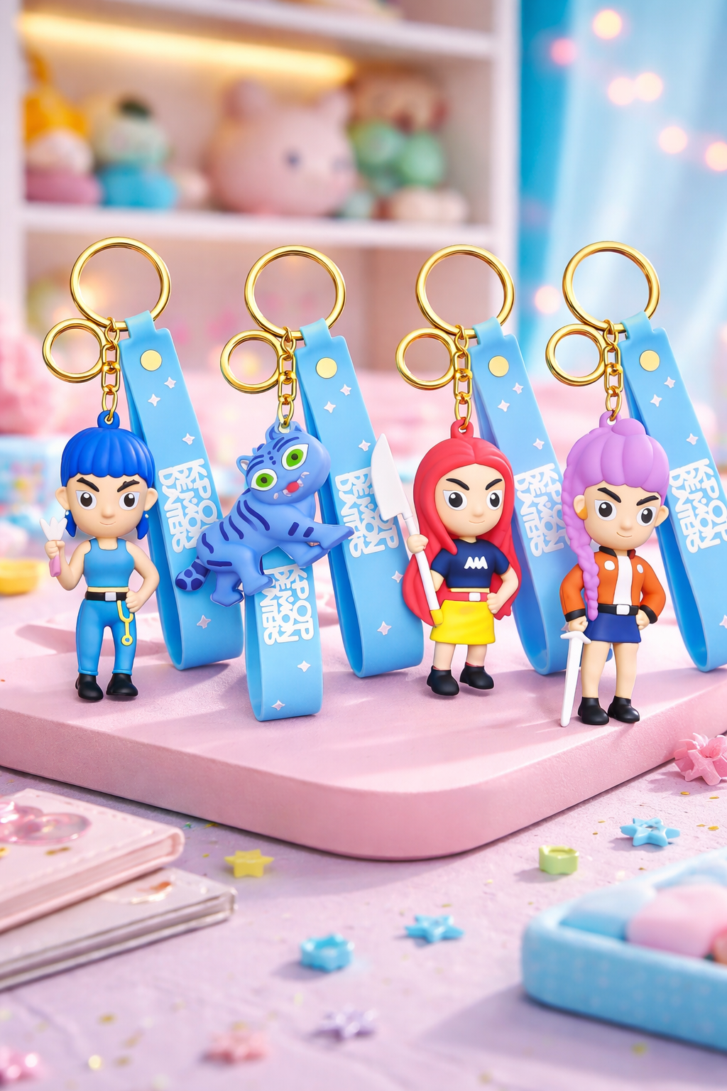 K POP Demon Hunters Key Chain Set of 4 Demon Character Keychains – Rumi, Mira, Zoey & Luna | Cute Anime Key Ring for Girls | Rubber Pendant Bag Charm | Stylish Gift for Kids & Women Random charactors