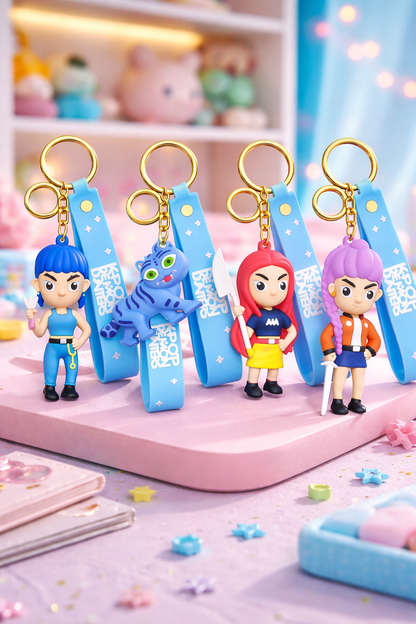 K POP Demon Hunters Key Chain Set of 4 Demon Character Keychains – Rumi, Mira, Zoey & Luna | Cute Anime Key Ring for Girls | Rubber Pendant Bag Charm | Stylish Gift for Kids & Women Random charactors