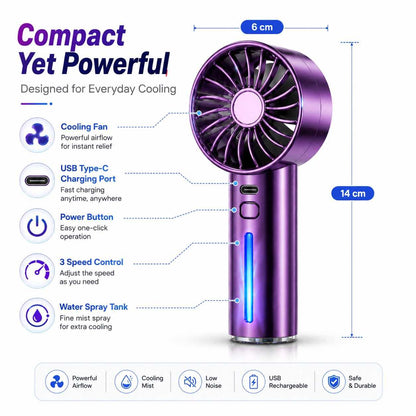 Portable Rechargeable Spray Fan with Mist – USB Mini Handheld Cooling Fan, Metallic Purple (RANDOM 1 PCS)
