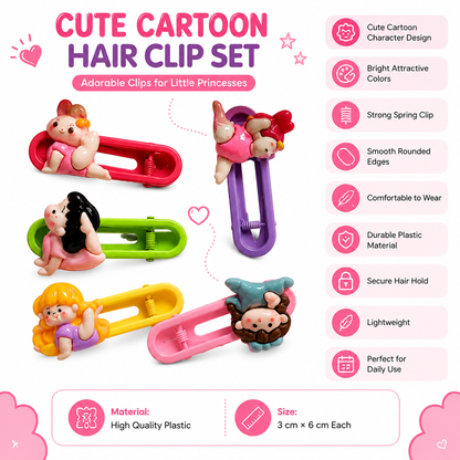 Cute Cartoon Character Hair Clip Set of 5 for Kids, Girls & Teens | Bunny, Angel, Black Hair Girl, Blonde Girl & Blue Hat Girl Snap Hair Clips