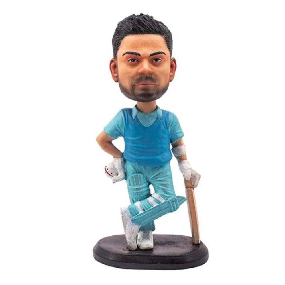 Virat Kholi (King Kohli) Indian Jersey (Design B) Polyresin Bobble Head | 14 Cm | Made In India ; Hand Painted | Cricket ; Indian Team ; Bleed Blue |