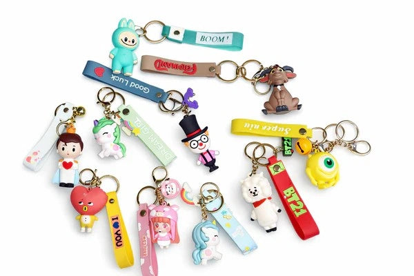 Cute Cartoon Silicone Keychain Key Rings with Strap | Unicorn, Bunny, Doll, Animal & Cute Character Key Holder for Keys, Bags, Backpack Accessories for Kids & Girls Set of 10
