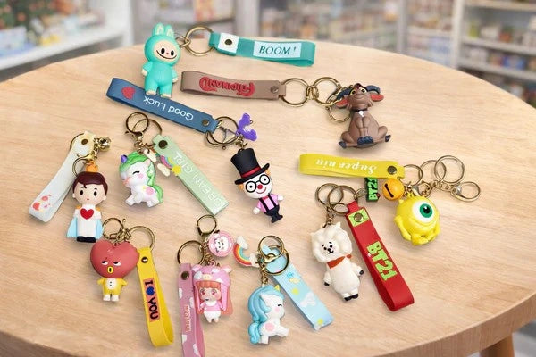 Cute Cartoon Silicone Keychain Key Rings with Strap | Unicorn, Bunny, Doll, Animal & Cute Character Key Holder for Keys, Bags, Backpack Accessories for Kids & Girls Set of 10