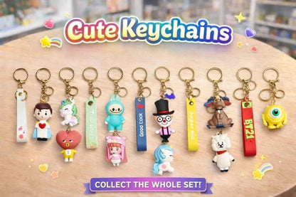 Cute Cartoon Silicone Keychain Key Rings with Strap | Unicorn, Bunny, Doll, Animal & Cute Character Key Holder for Keys, Bags, Backpack Accessories for Kids & Girls Set of 10