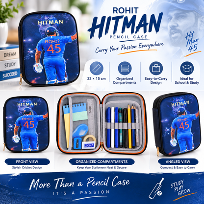 Rohit Sharma Cricket Theme Pencil Pouch & Pencil Case | Cricket Stationery Organizer for Kids | Sports Pencil Case for School