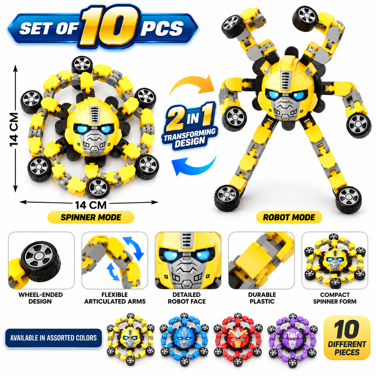 Transforming Robot Spinner Toy Set of 10 for Boys & Girls | 2-in-1 Rotating Robot Toy | Assorted Colours | NO COD