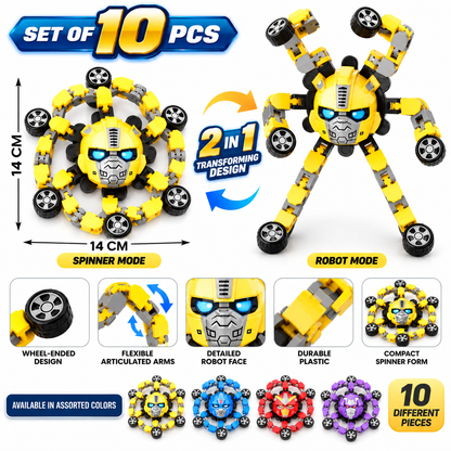 Transforming Robot Spinner Toy Set of 10 for Boys & Girls | 2-in-1 Rotating Robot Toy | Assorted Colours | NO COD