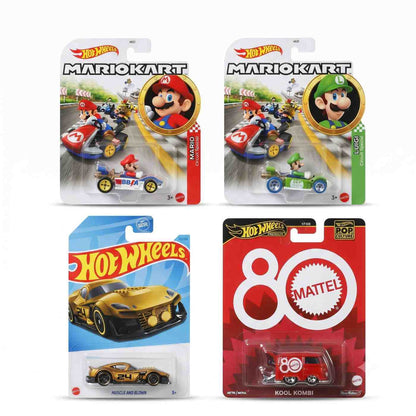Hot Wheels 4-Pack Collectible Die-Cast Cars Set | Mario Kart Mario & Luigi, Kool Kombi Mattel 80th Anniversary, Muscle and Blown Toy Vehicles ( Cod Not Available)