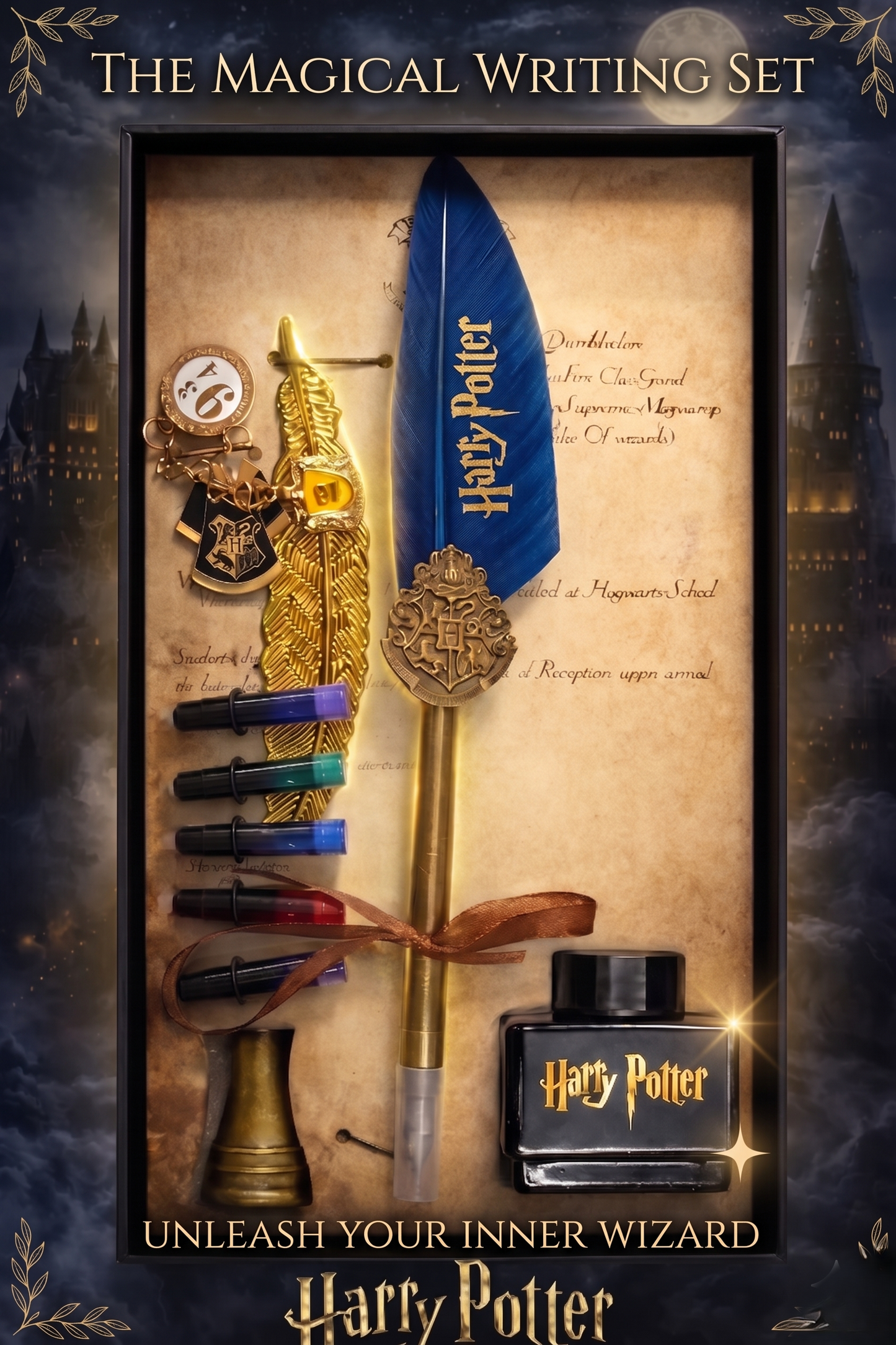 Harry Potter Feather Quill Pen Set with Ink Bottles, Vintage Calligraphy Dip Pen, Wizard Writing Gift Box for Fans