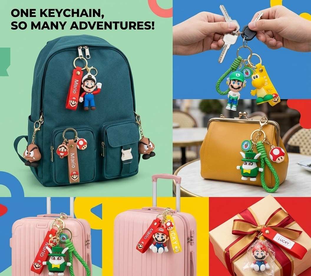 Silicone Cartoon Character Silicon Keychains - Featuring Mario, Luigi, Goomba, and Koopa - Durable Rubber Keyring for Bags & Car Keys - Cute Anime Accessories - Perfect Birthday Return Gifts (Set of 10 )