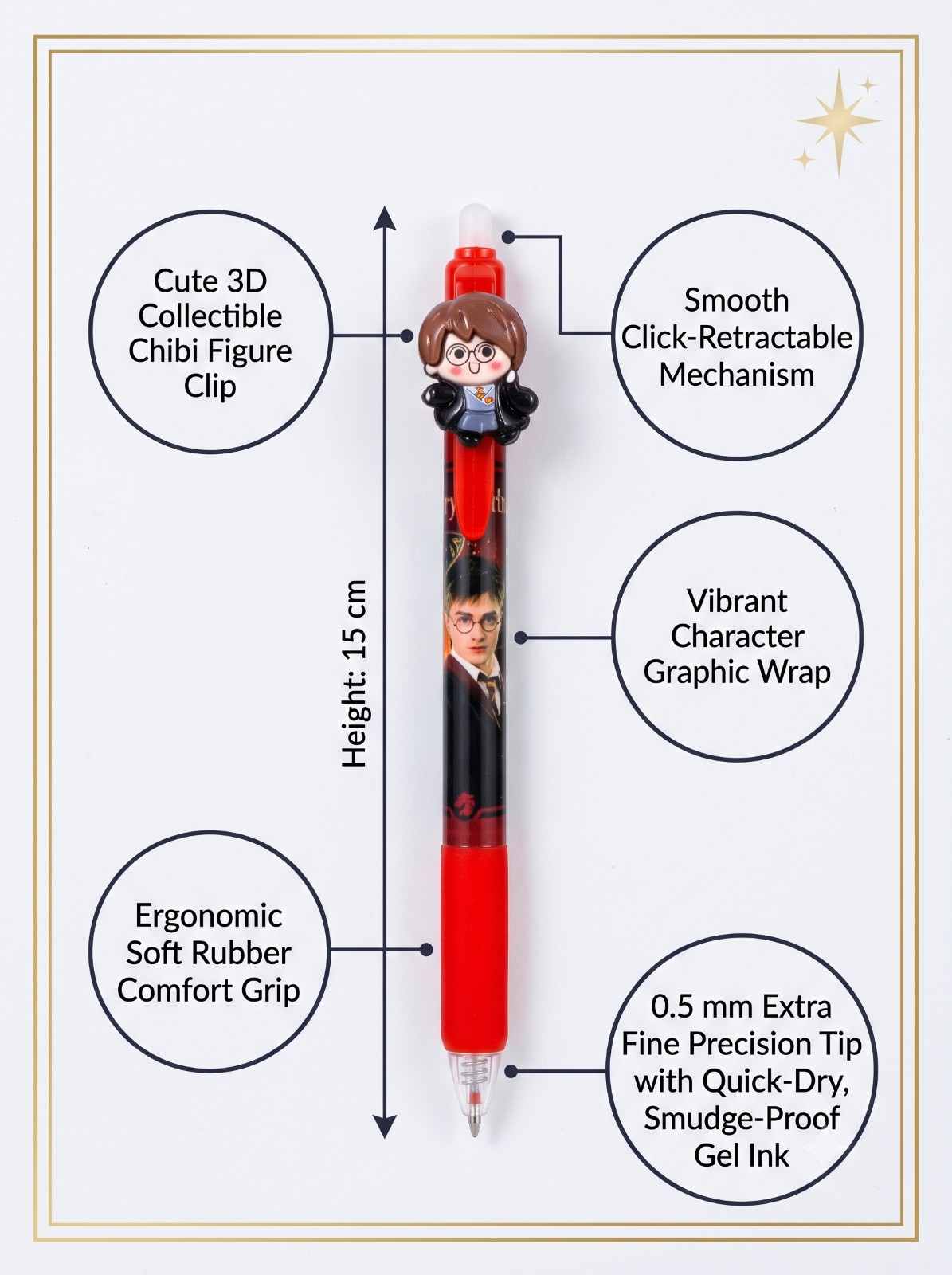 Harry Potter Pen Set of 6 Multicolor Gel Pens with 3D Character Toppers for School College Office and Gifting