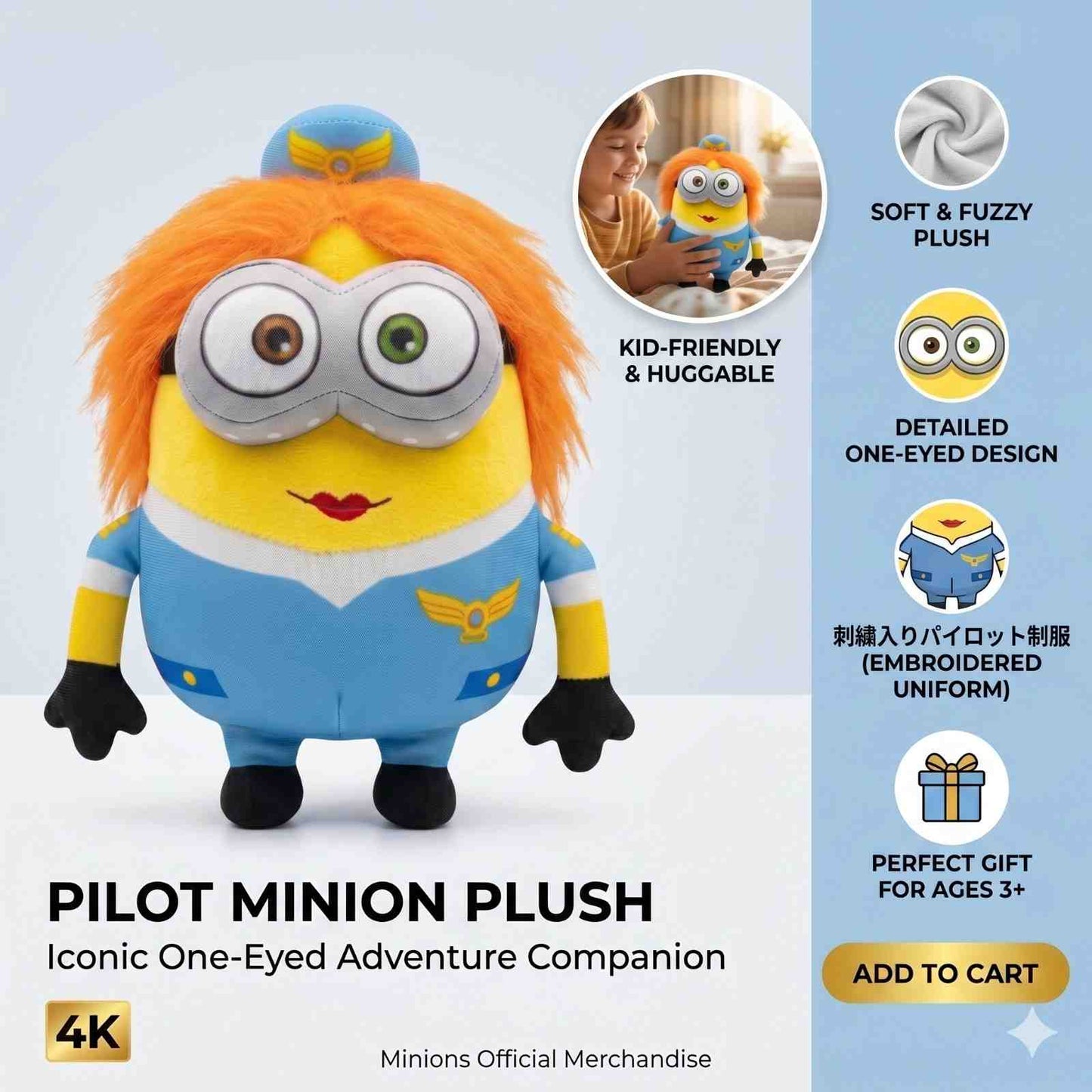 Bella the Pilot Plush Toy – Cute Yellow Cartoon Soft Stuffed Doll for Kids, Cuddly Soft Toy Gift for Babies & Children