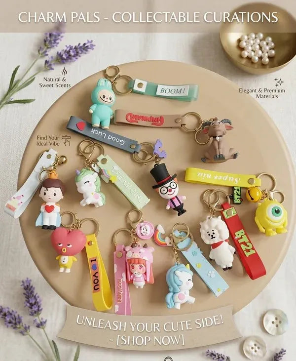 Cute Cartoon Silicone Keychain Key Rings with Strap | Unicorn, Bunny, Doll, Animal & Cute Character Key Holder for Keys, Bags, Backpack Accessories for Kids & Girls Set of 10