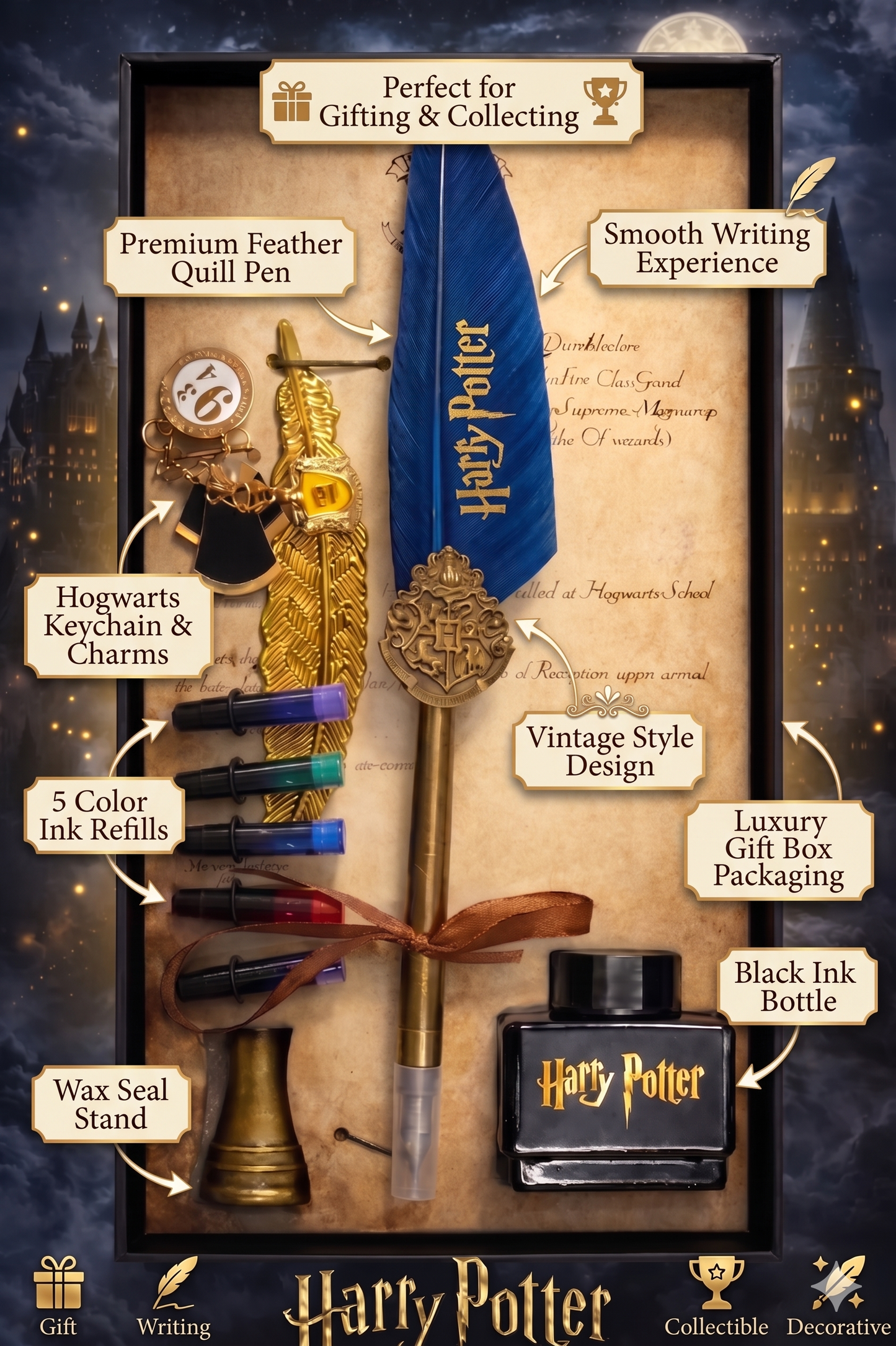Harry Potter Feather Quill Pen Set with Ink Bottles, Vintage Calligraphy Dip Pen, Wizard Writing Gift Box for Fans