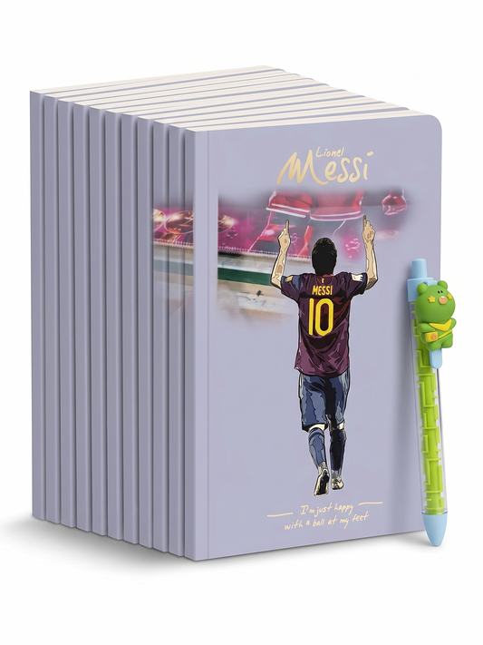 Lionel Messi A5 Notebook Set of 10 – Premium Soft Cover Diaries for Boys, Girls, Kids & Office Use | 100 Pages Each | Football Theme Notebooks with Cartoon Pen