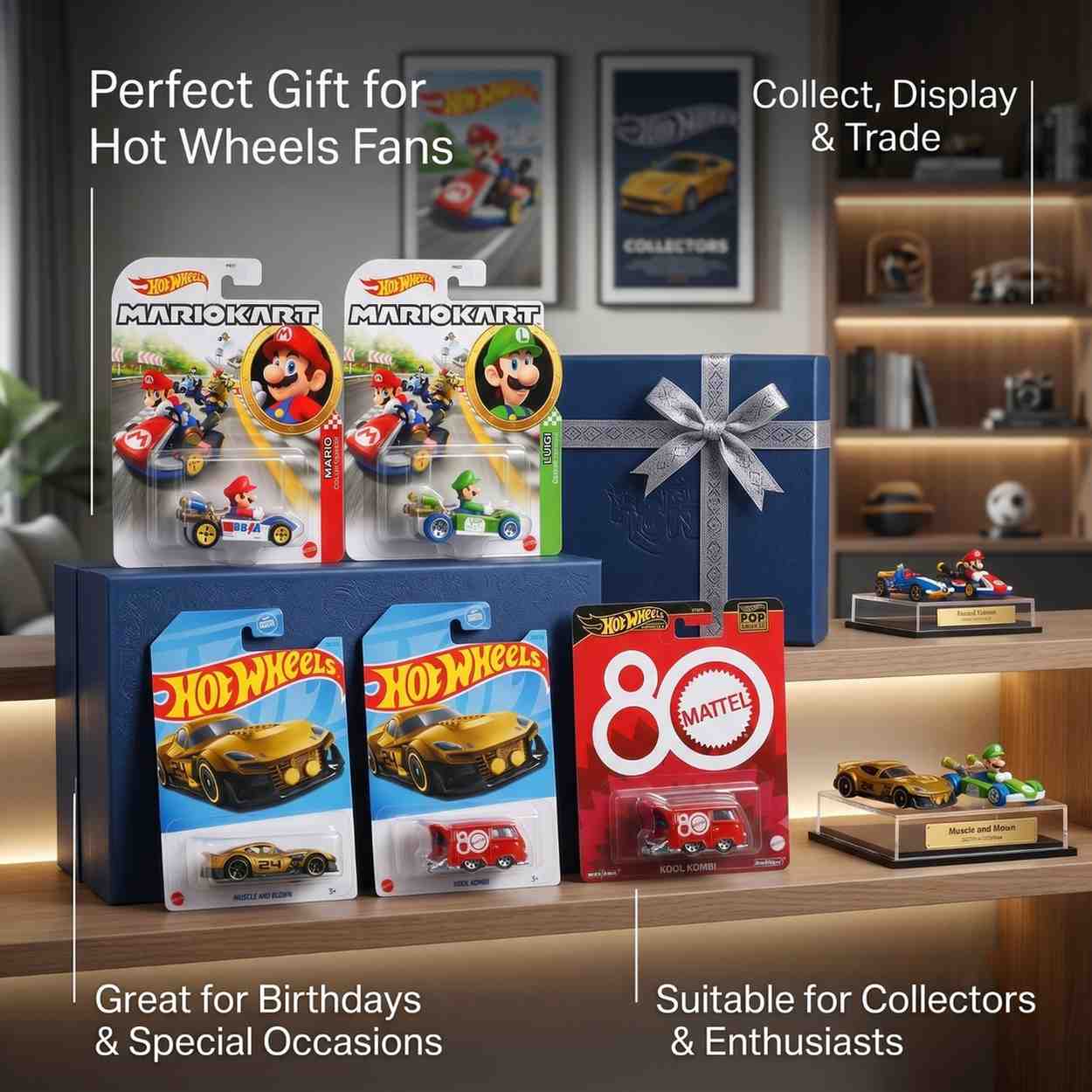 Hot Wheels 4-Pack Collectible Die-Cast Cars Set | Mario Kart Mario & Luigi, Kool Kombi Mattel 80th Anniversary, Muscle and Blown Toy Vehicles ( Cod Not Available)
