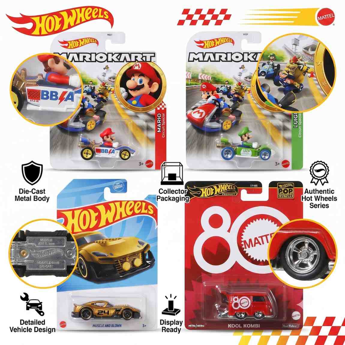 Hot Wheels 4-Pack Collectible Die-Cast Cars Set | Mario Kart Mario & Luigi, Kool Kombi Mattel 80th Anniversary, Muscle and Blown Toy Vehicles ( Cod Not Available)