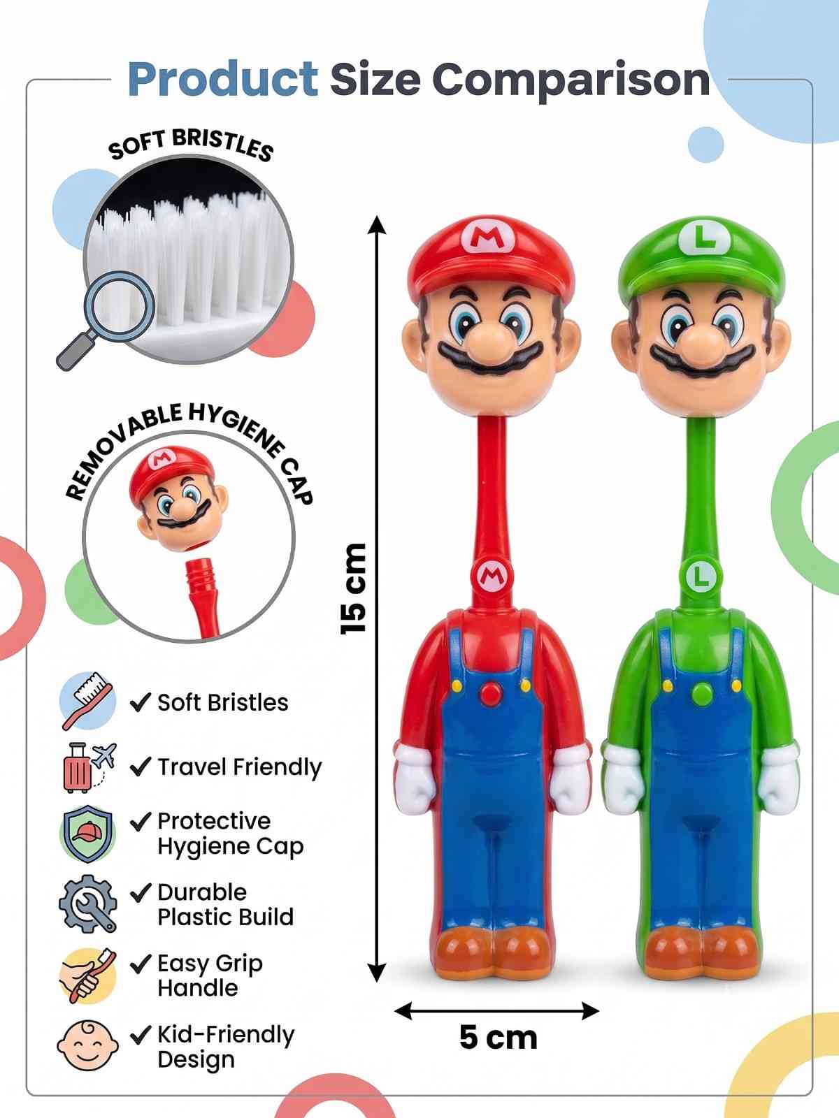 Mario Character Kids Toothbrush Set of 2 | Soft Bristles Cartoon Toothbrush with Protective Cap | Travel Friendly Children's Toothbrush Green & Red
