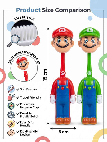 Mario Character Kids Toothbrush Set of 2 | Soft Bristles Cartoon Toothbrush with Protective Cap | Travel Friendly Children's Toothbrush Green & Red