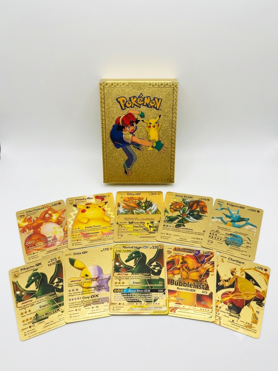 Pokémon Gold Collectible Playing Cards Set – 10 Premium Character Cards with Gold Storage Box