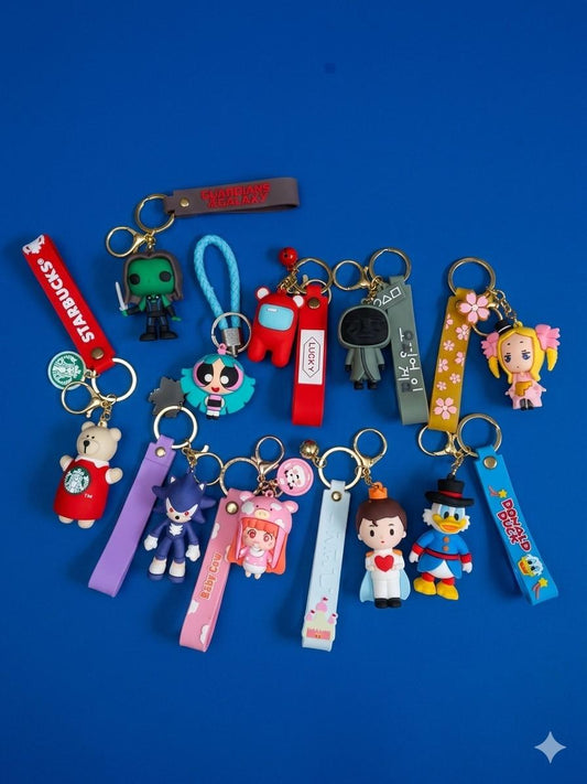 Silicone Cartoon Keychains Set of 10 – Anime & Character Key Rings (Astronaut, Duck, Doll, Bear, Gamer & More) | Soft Rubber Keychains for Kids, Gifts & Return Gifts