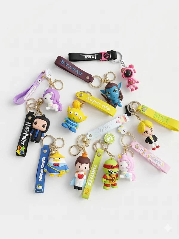 Cartoon Character Silicone  Keychains Set of 10 (Harry Potter, Unicorn, Alien, Turtle, Astronaut, BT21 & More) – Soft Rubber Durable Key Rings for Kids, Gifts & Return Gifts