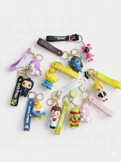 Cartoon Character Silicone  Keychains Set of 10 (Harry Potter, Unicorn, Alien, Turtle, Astronaut, BT21 & More) – Soft Rubber Durable Key Rings for Kids, Gifts & Return Gifts