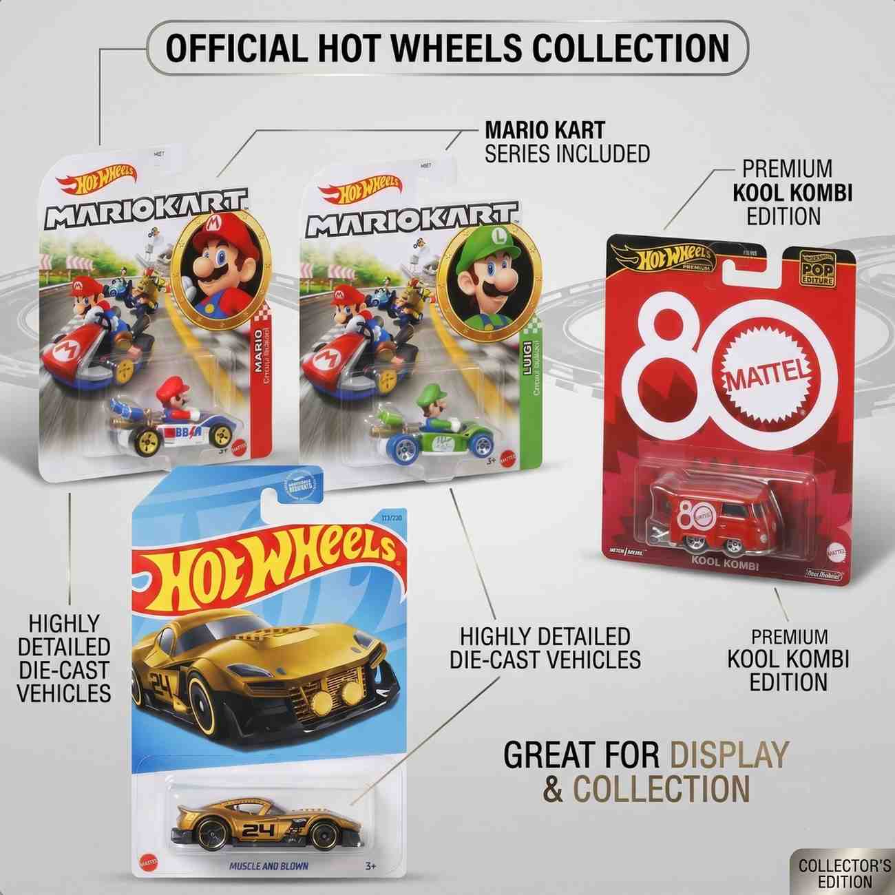 Hot Wheels 4-Pack Collectible Die-Cast Cars Set | Mario Kart Mario & Luigi, Kool Kombi Mattel 80th Anniversary, Muscle and Blown Toy Vehicles ( Cod Not Available)