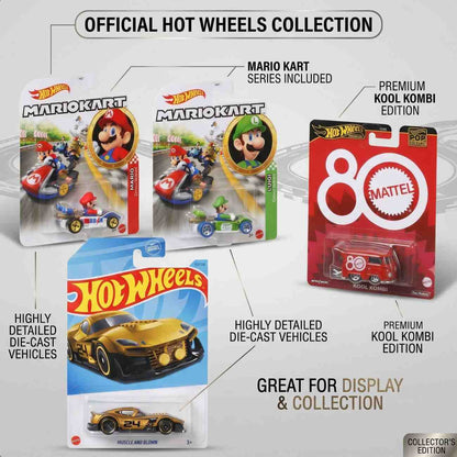 Hot Wheels 4-Pack Collectible Die-Cast Cars Set | Mario Kart Mario & Luigi, Kool Kombi Mattel 80th Anniversary, Muscle and Blown Toy Vehicles ( Cod Not Available)