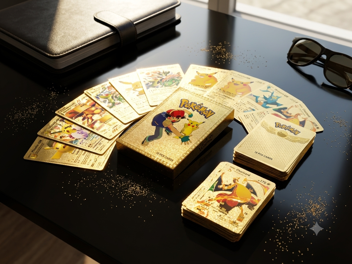 Pokémon Gold Collectible Playing Cards Set – 10 Premium Character Cards with Gold Storage Box