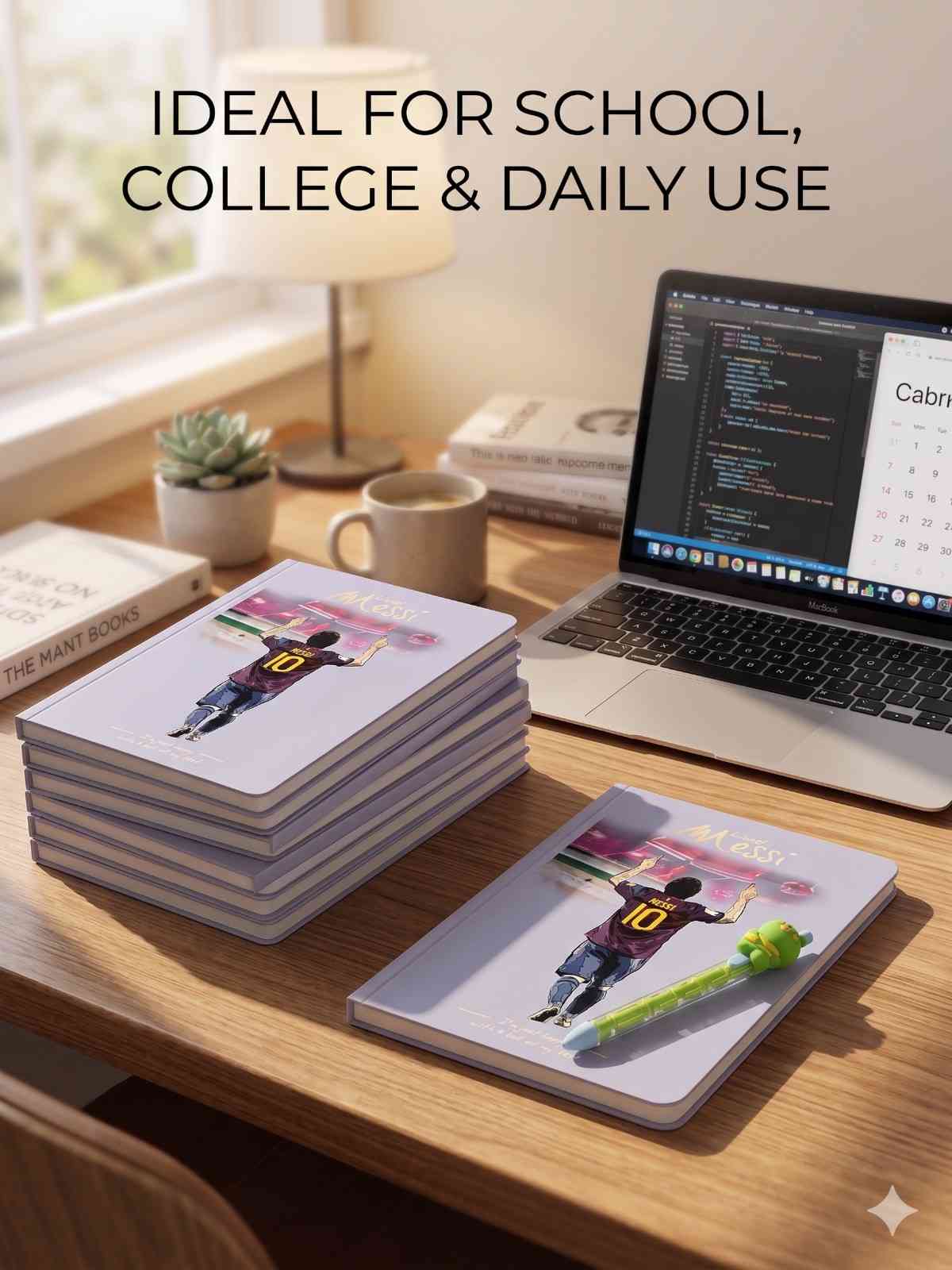 Lionel Messi A5 Notebook Set of 10 – Premium Soft Cover Diaries for Boys, Girls, Kids & Office Use | 100 Pages Each | Football Theme Notebooks with Cartoon Pen (COD NOT AVAILABLE)