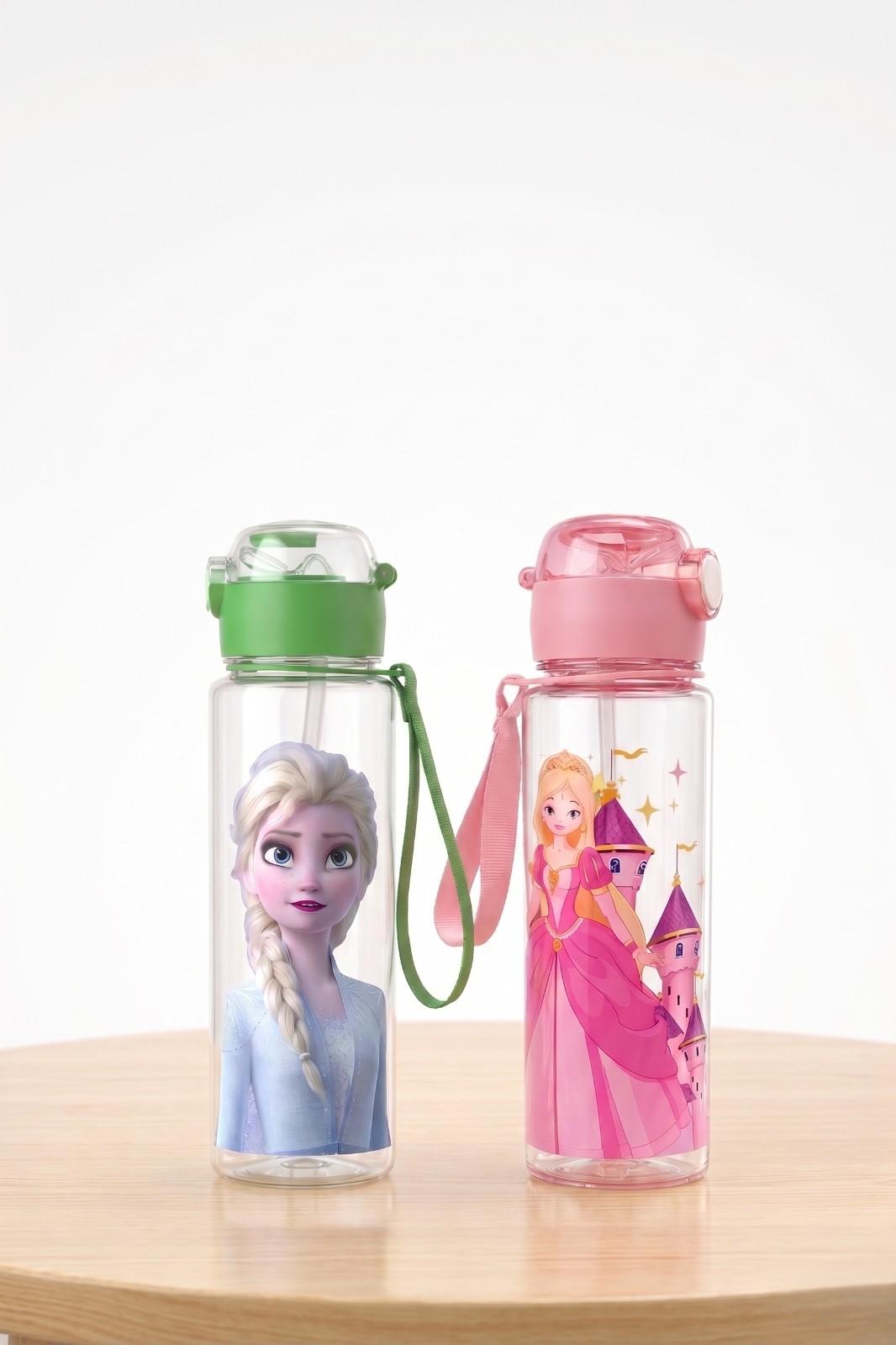 Water Bottle with Straw & Strap – Leak Proof BPA Free Cartoon Princess / Elsa Style Bottle (Random 1 PCS) for School & Trave